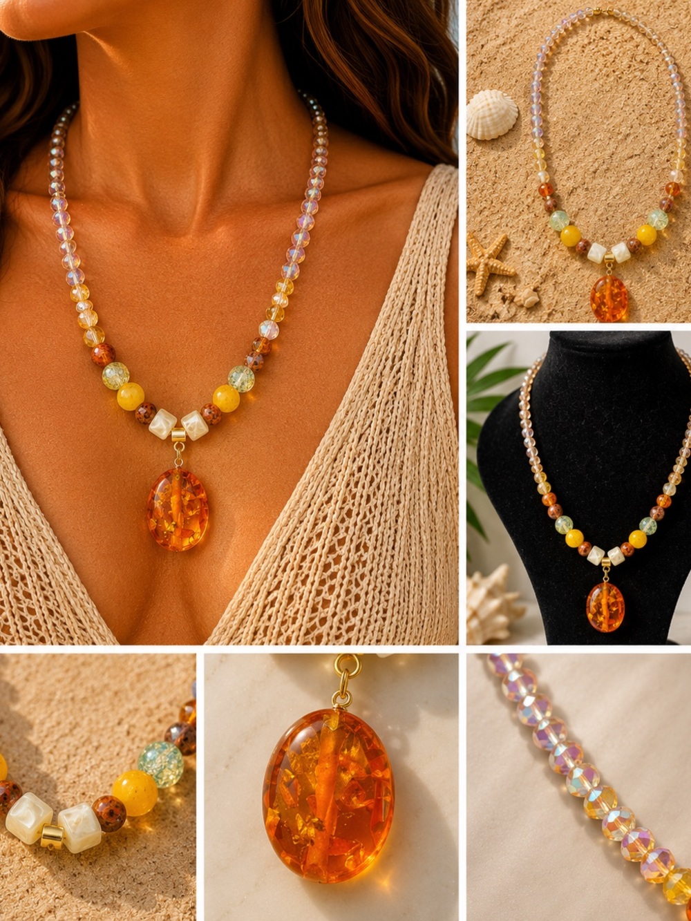 2 Sunset Amber Beaded Pendant Necklaces  - Yellow & Amber